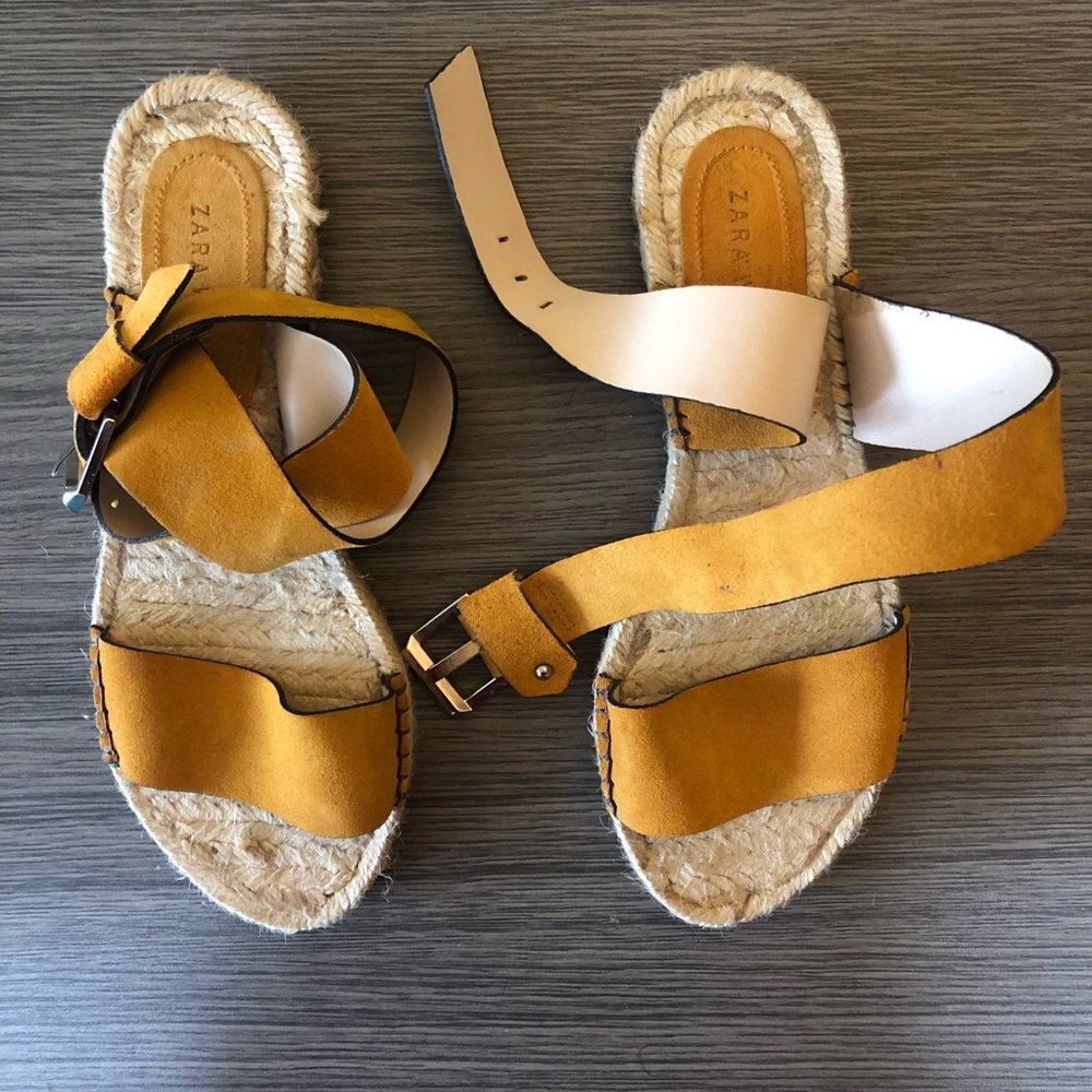 ZARA Suede Espadrille Flat Sandal Ankle Wrap Buckle Mustard Yellow Ochre Brown